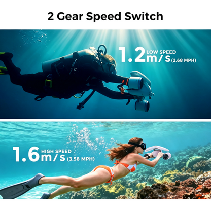 Underwater thruster with action camera mount, 30-minute runtime, maximum thrust 30 lbs.