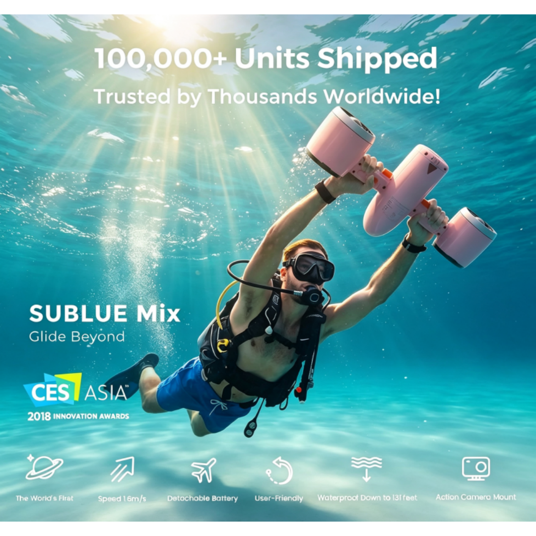 Underwater thruster with action camera mount, 30-minute runtime, maximum thrust 30 lbs.