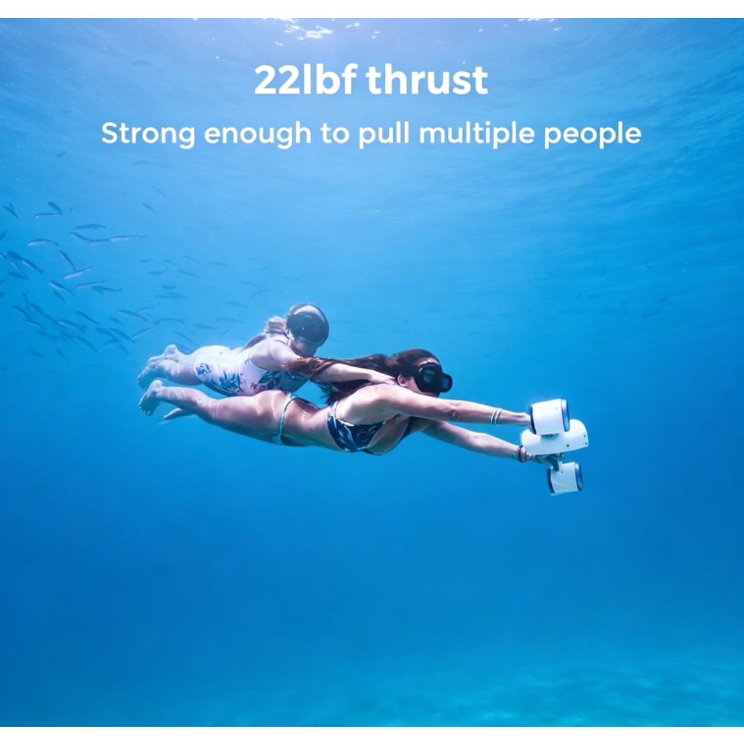 Underwater thruster with action camera mount, 30-minute runtime, maximum thrust 30 lbs.